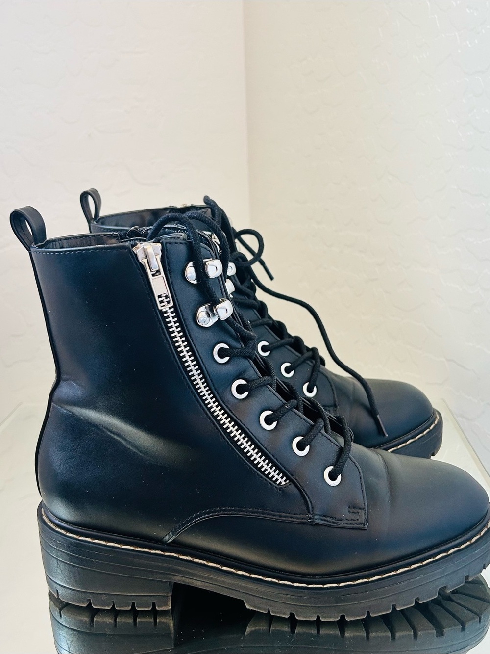 Madden Girl Black Lace-Up Combat Boots with Silver Side Zip